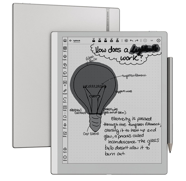 Boox Go 10.3 Gen II tablet with a stylus, showing a hand-drawn lightbulb diagram and notes