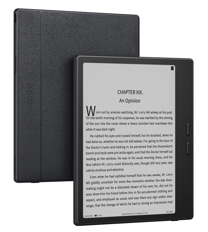 Boox Go 7 black-and-white tablet in a folio case, open to a page of a novel