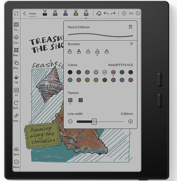 Boox Go Color 7 Gen II tablet with a full color sketching palette open over a hand-drawn illustration
