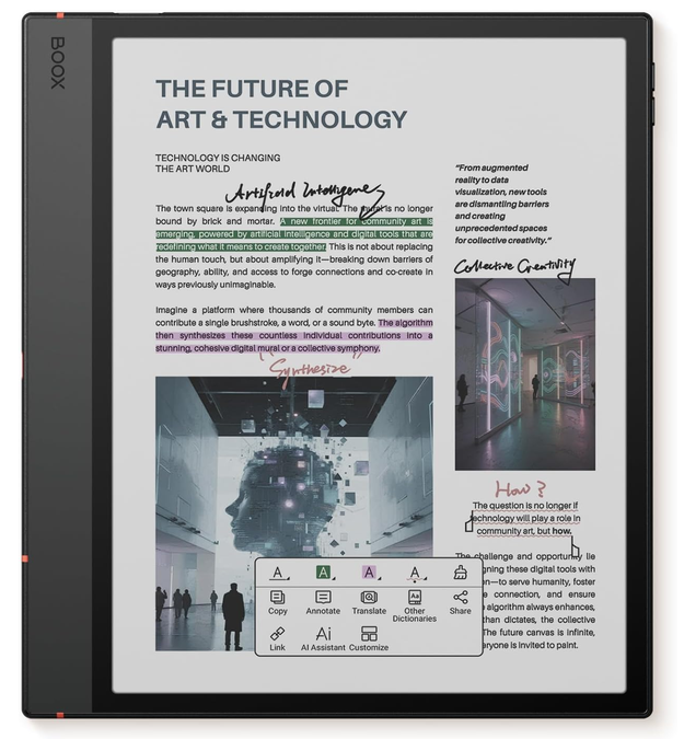 Boox Note Air 5 C 10.3-inch color tablet with an on-page AI assistant menu open over an article