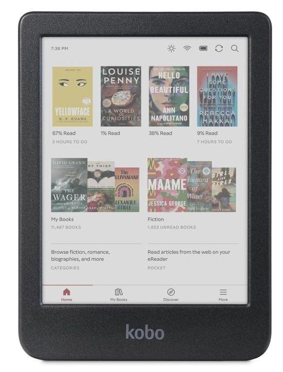 Kobo Clara Colour eReader home screen, black colorway, showing a library grid of book covers