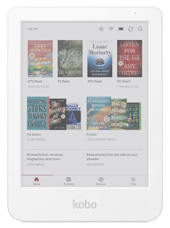 Kobo Clara Colour eReader home screen, white colorway, showing a library grid of book covers