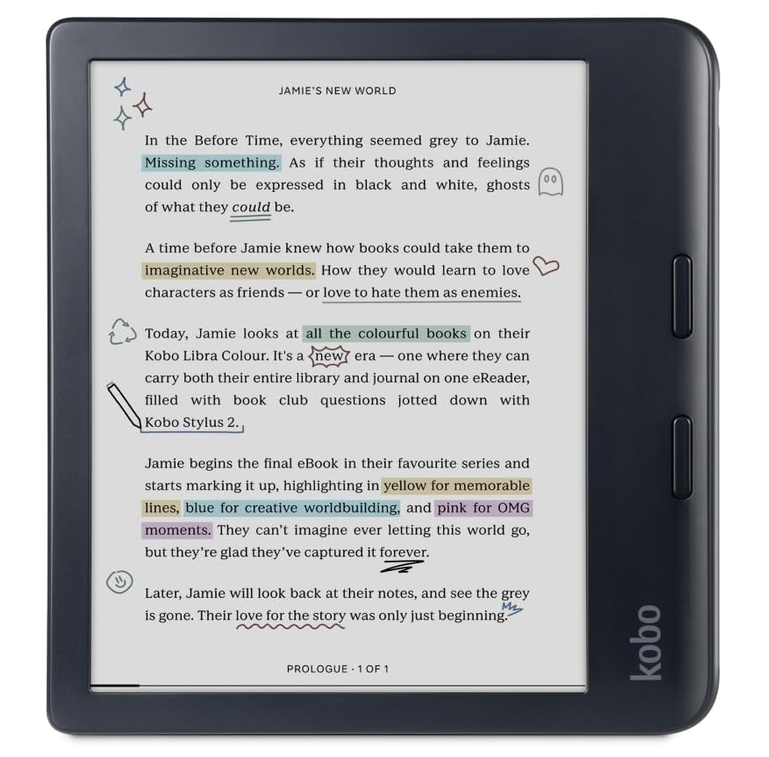 Kobo Libra Colour eReader, black colorway, showing handwritten stylus annotations on an ebook page