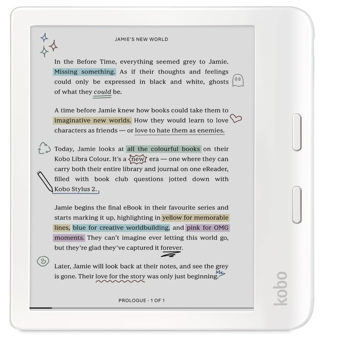 Kobo Libra Colour eReader, white colorway, showing handwritten stylus annotations on an ebook page