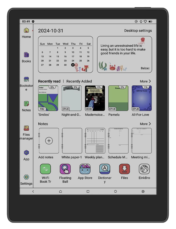 Meebook M8 eReader home screen, white colorway, showing a calendar widget and recently added books
