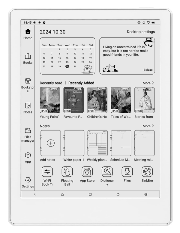 Meebook M8C eReader home screen, black colorway, showing a calendar widget and recently added books