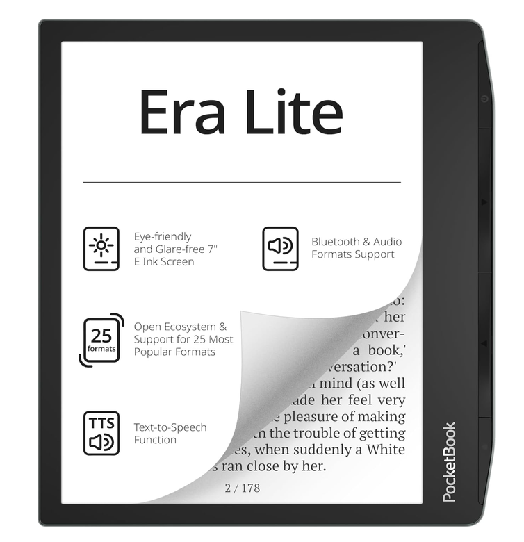 PocketBook Era Lite eReader, full device, showing its 7" E Ink screen and feature icons for waterproofing, SMARTlight, open formats, and text-to-speech