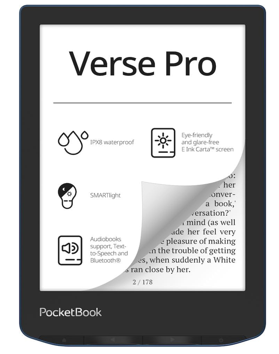 PocketBook Verse Pro eReader, full device, showing its E Ink screen and feature icons for waterproofing, SMARTlight, and audiobook support